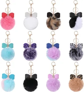 12 Pcs Fluffy Pom Pom Keychain Bow Keychain Ball Key Rings Rhinestone Keyring Pompoms Keychain Keyring for Women Girls Bag Accessories(12 Colors)
