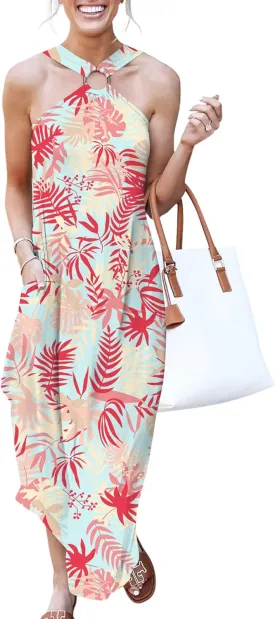 ANRABESS Women Summer Halter Neck Sundress Sleeveless Split Side Casual Beach Travel Vacation Maxi Long Dress with Pockets