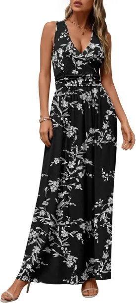 CATHY Women's Casual Sleeveless Deep V Neck Beach Waist Maxi Dresses with Pockets