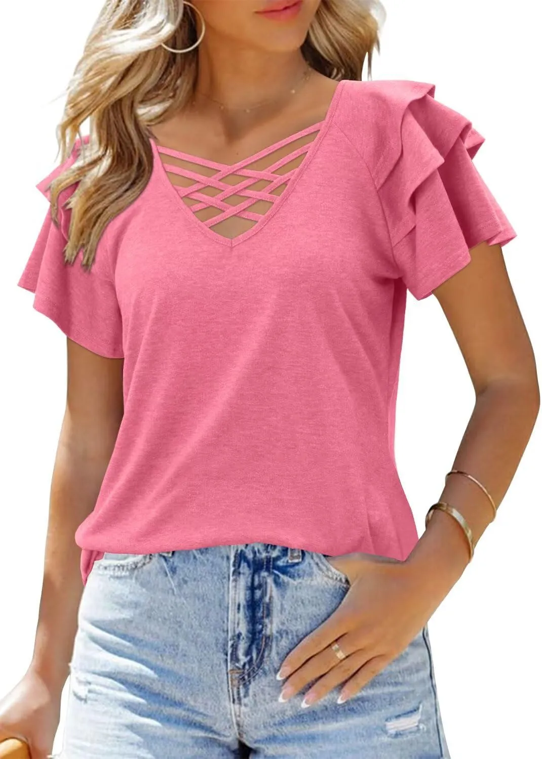 CRAZY GRID Women's T-Shirt Short Sleeve V-Neck Tops 2025 Summer Graphic Trendy Casual Comfy Tshirts