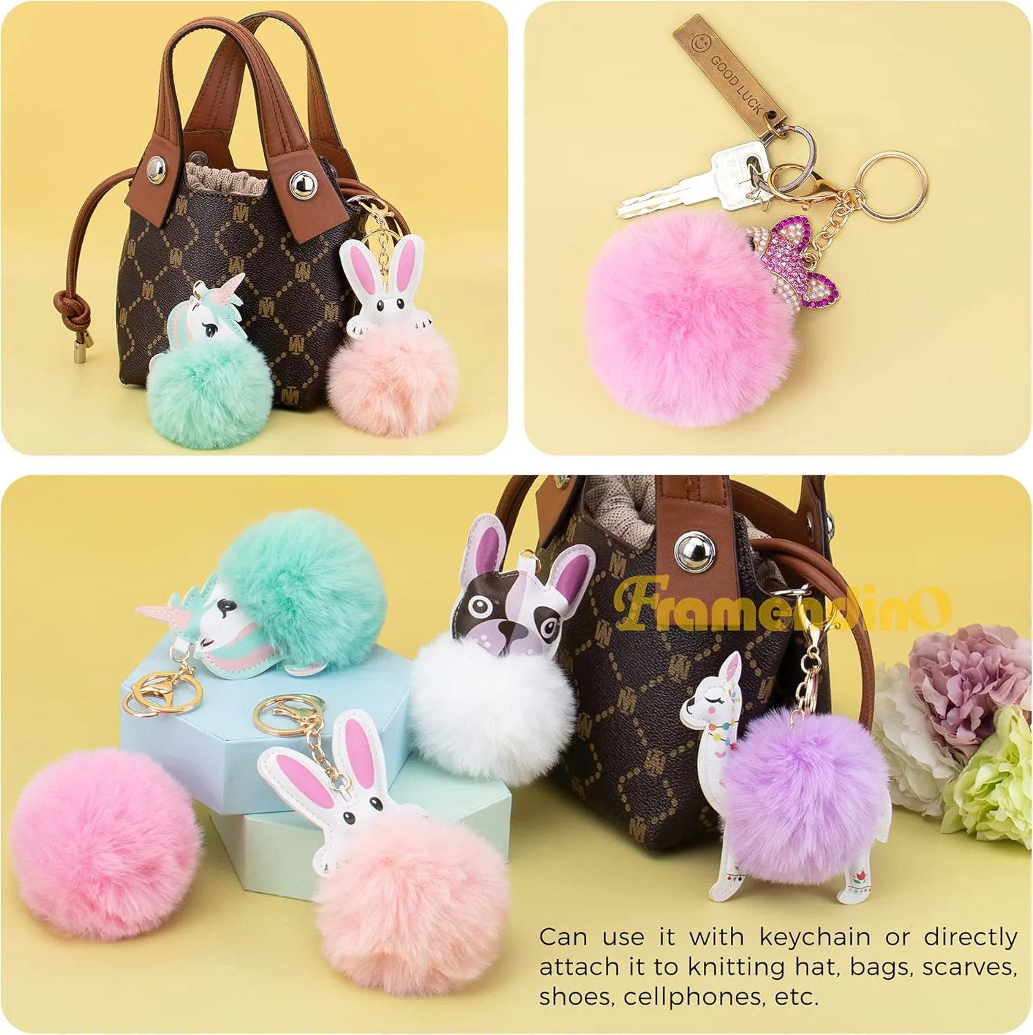 Framendino, 6 Pack Animal Pom Pom Keychain Cute Faux Fur Fluffy Fuzzy Keychain Ball for Girls Women Bag Accessories