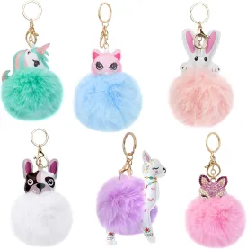 Framendino, 6 Pack Animal Pom Pom Keychain Cute Faux Fur Fluffy Fuzzy Keychain Ball for Girls Women Bag Accessories