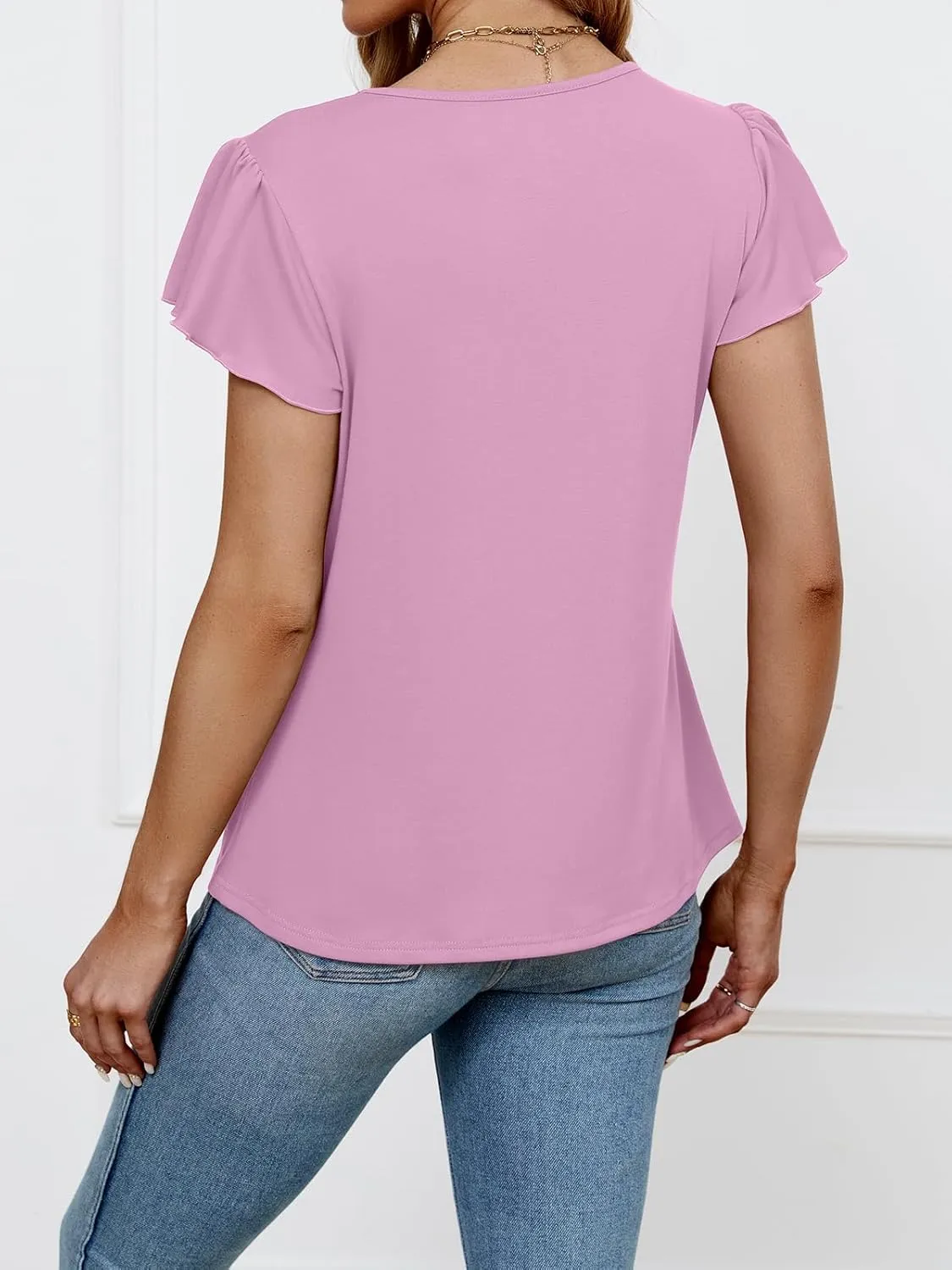 IHOT Womens Summer Tops Ruffle Short Sleeve Casual Round Neck T Shirts Front Pleated Basic Tees Blouses
