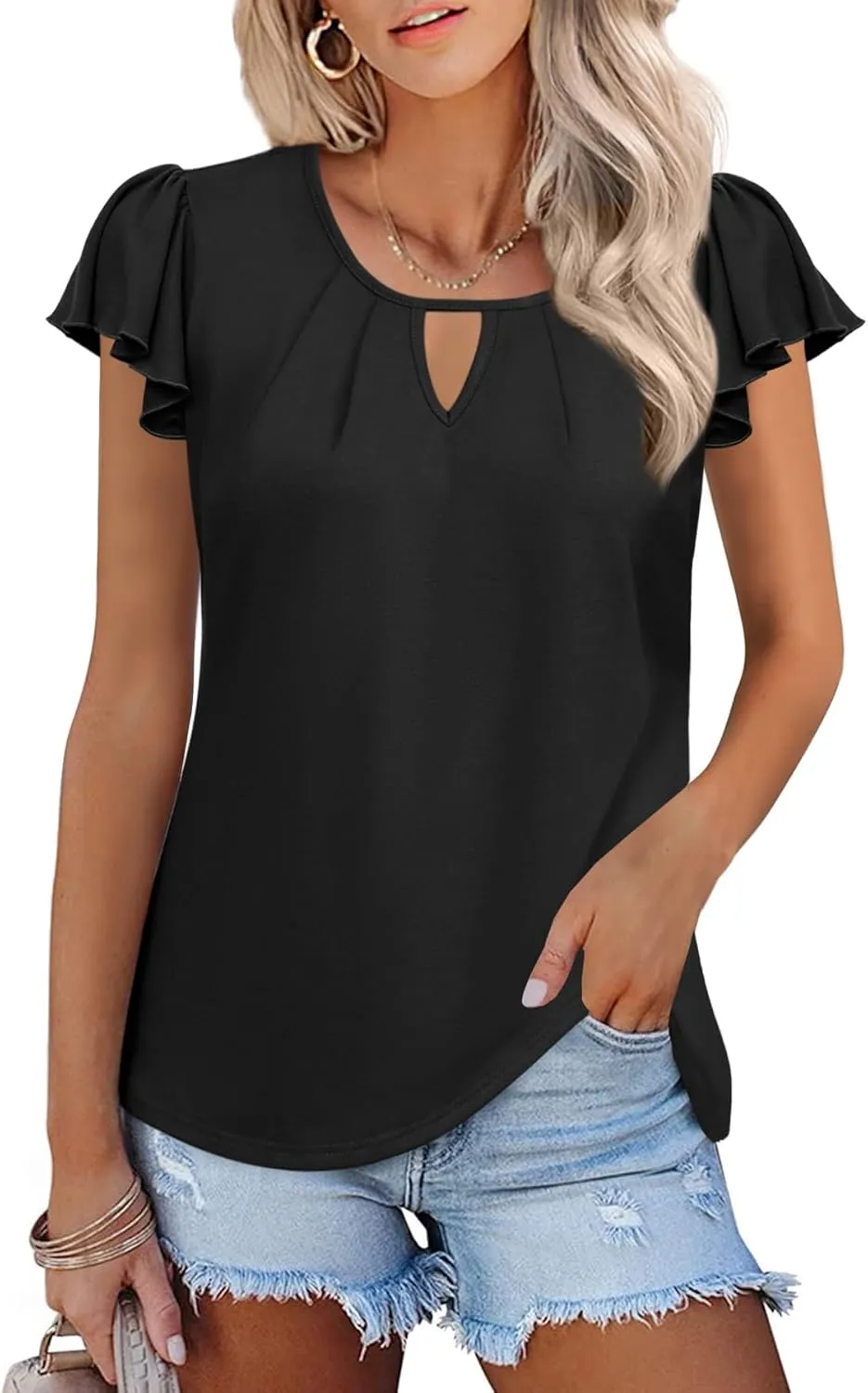 IHOT Womens Summer Tops Ruffle Short Sleeve Casual Round Neck T Shirts Front Pleated Basic Tees Blouses