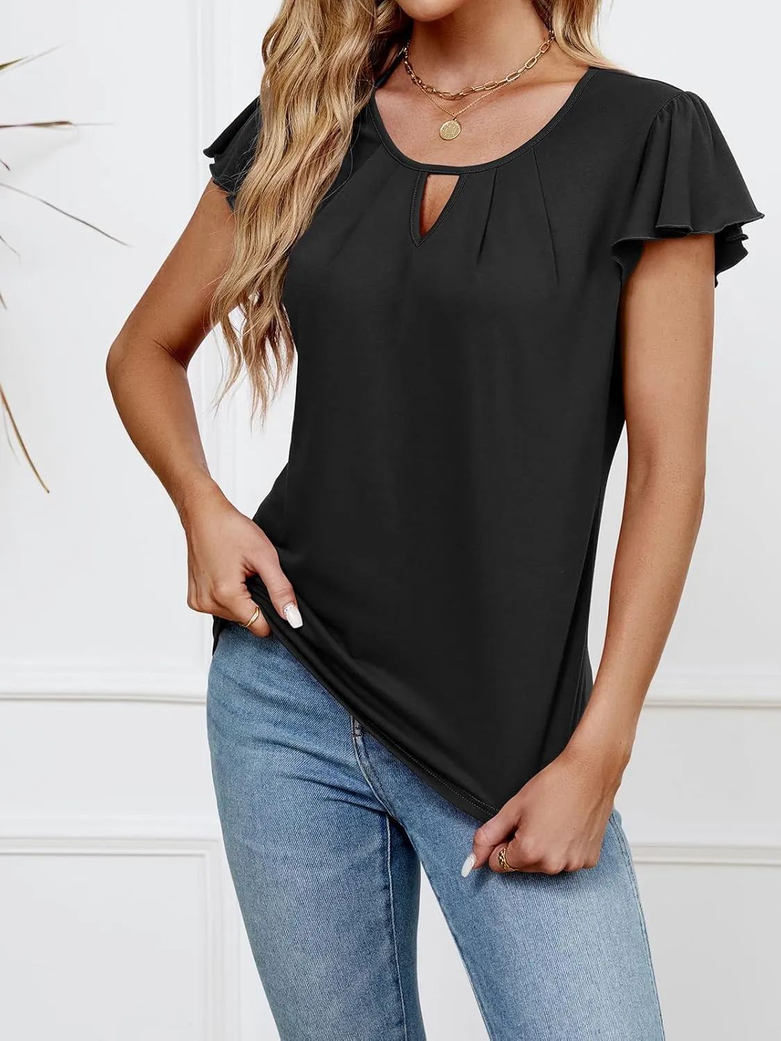IHOT Womens Summer Tops Ruffle Short Sleeve Casual Round Neck T Shirts Front Pleated Basic Tees Blouses