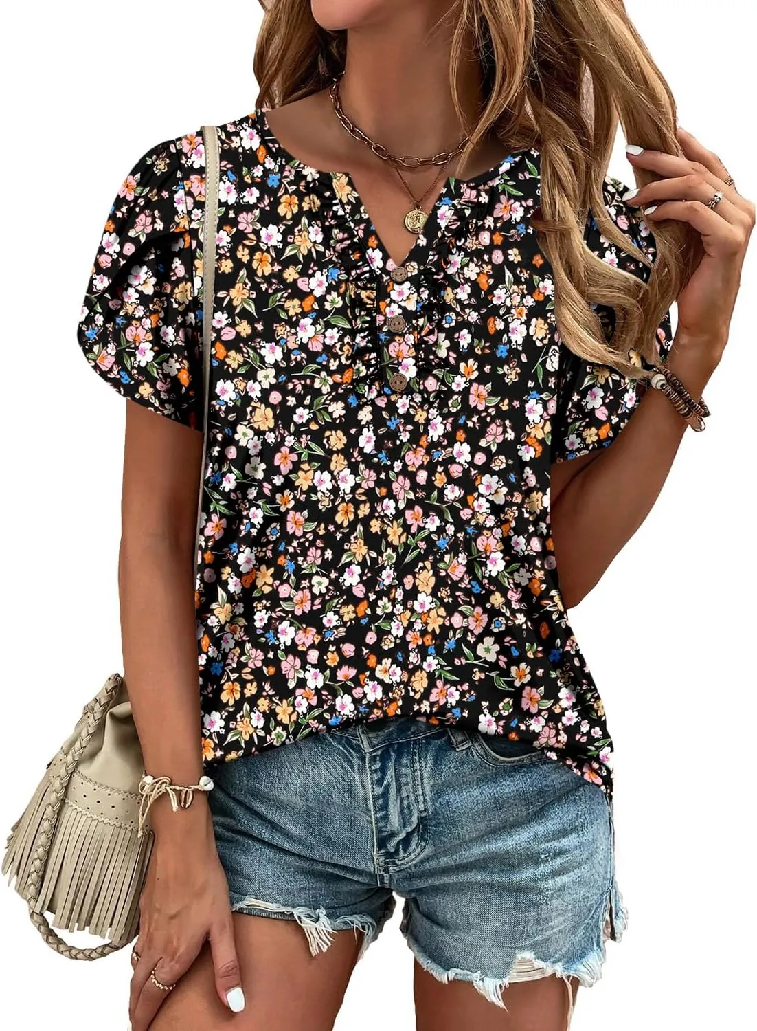 KISSMODA Women's Tunic Tops Casual V Neck Short Sleeve T Shirts Summer Puff Sleeve Ruffle Blouses
