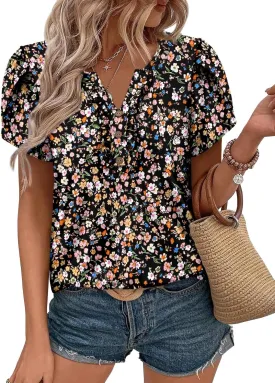 KISSMODA Women's Tunic Tops Casual V Neck Short Sleeve T Shirts Summer Puff Sleeve Ruffle Blouses