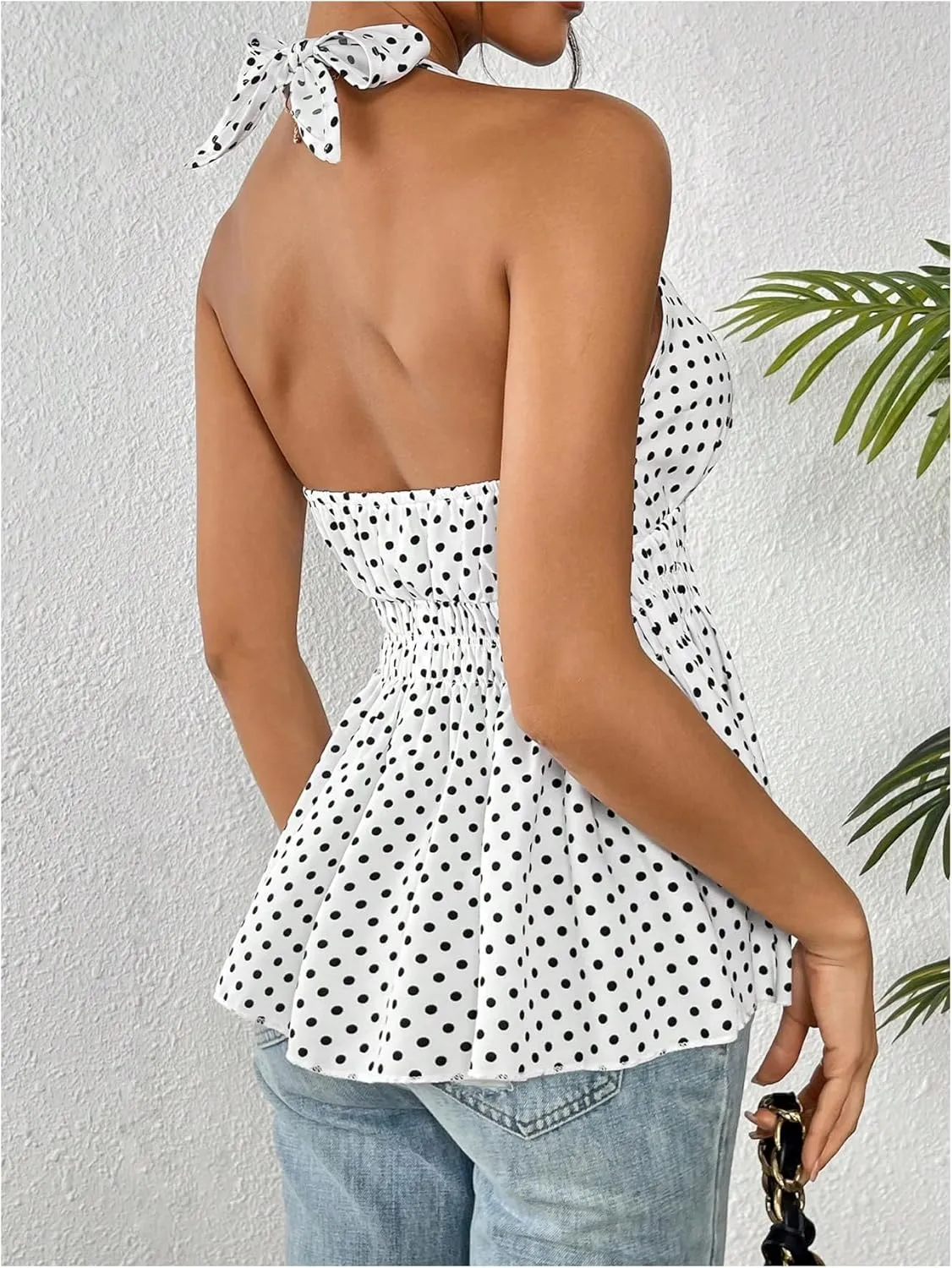 MakeMeChic Women's Polka Dots Halter Tops V Neck Tie Backless Wrap Ruffle Hem Tank