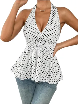 MakeMeChic Women's Polka Dots Halter Tops V Neck Tie Backless Wrap Ruffle Hem Tank