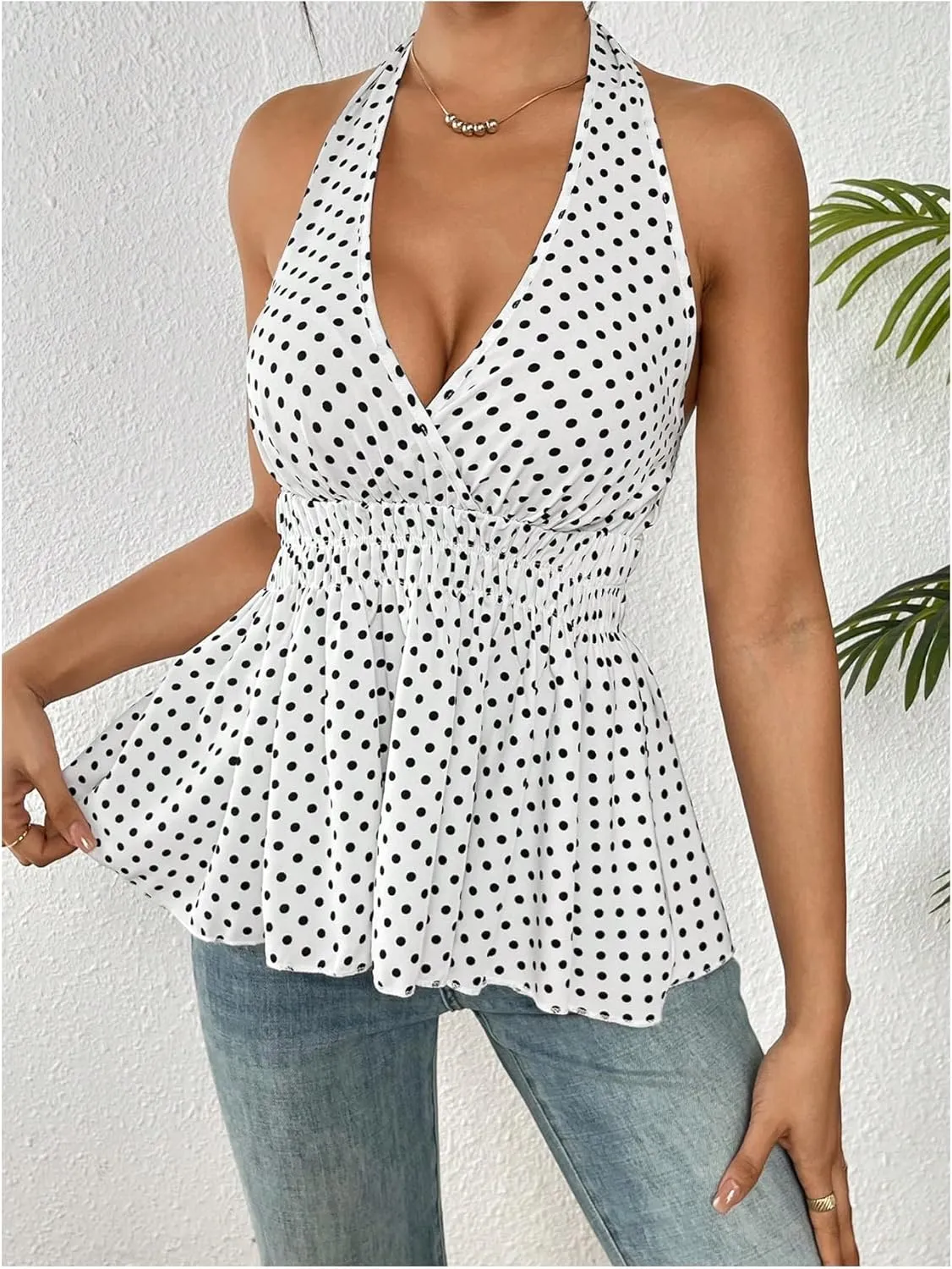 MakeMeChic Women's Polka Dots Halter Tops V Neck Tie Backless Wrap Ruffle Hem Tank