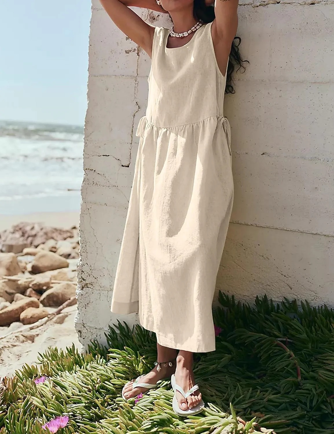 Meladyan Women's Summer Linen Midi Tank Dress A-Line Sleeveless Casual Loose Long Beach Sundress