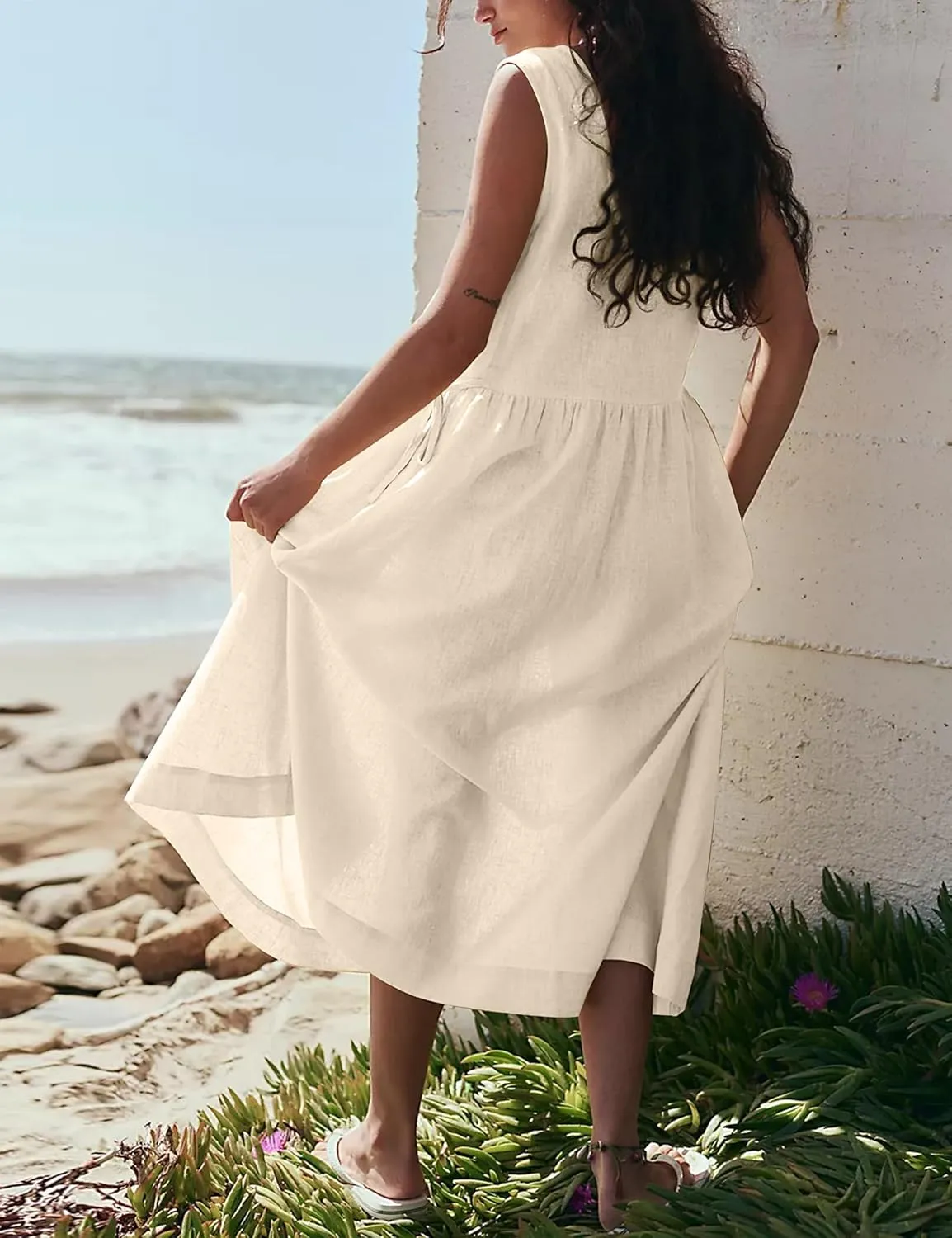 Meladyan Women's Summer Linen Midi Tank Dress A-Line Sleeveless Casual Loose Long Beach Sundress