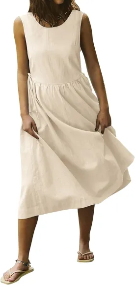Meladyan Women's Summer Linen Midi Tank Dress A-Line Sleeveless Casual Loose Long Beach Sundress