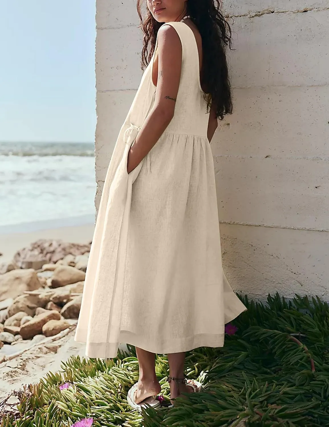 Meladyan Women's Summer Linen Midi Tank Dress A-Line Sleeveless Casual Loose Long Beach Sundress