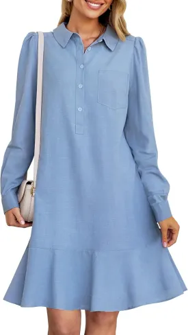 MEROKEETY Women's Casual Shirt Dress Long Sleeve Button Down Ruffle Flowy Tunic Shift Mini Dresses