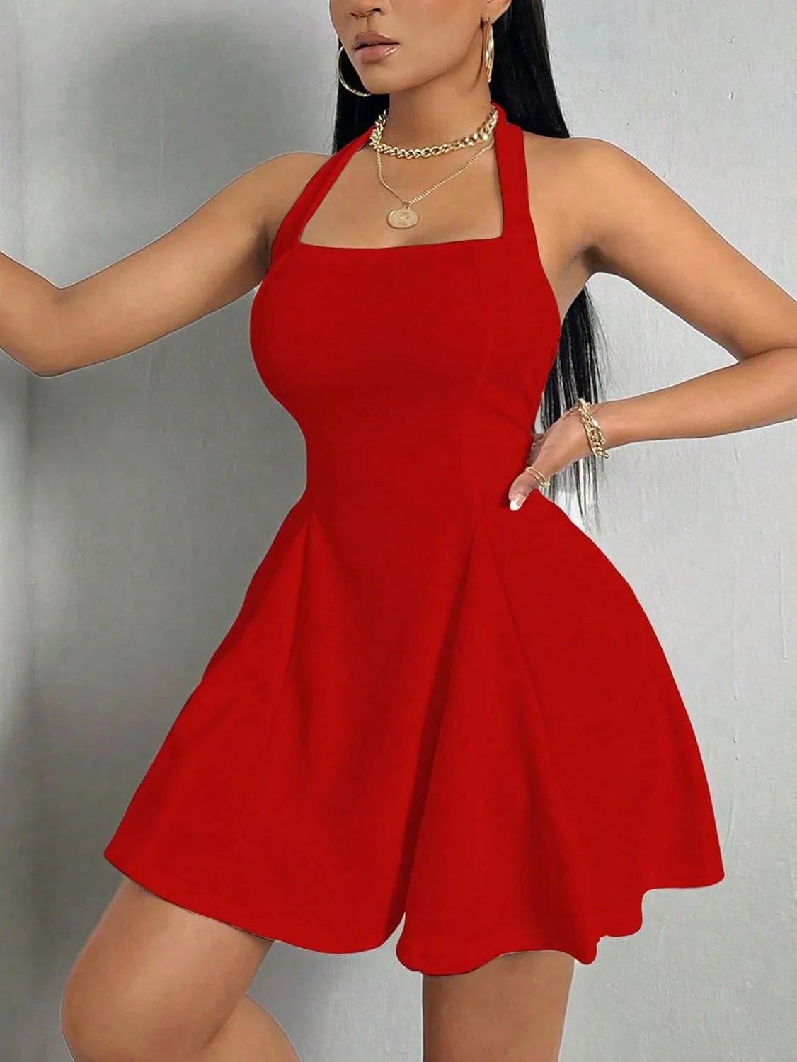 Milumia Women's Striped Halter Mini Dress A Line Flared Sleeveless Summer Dresses