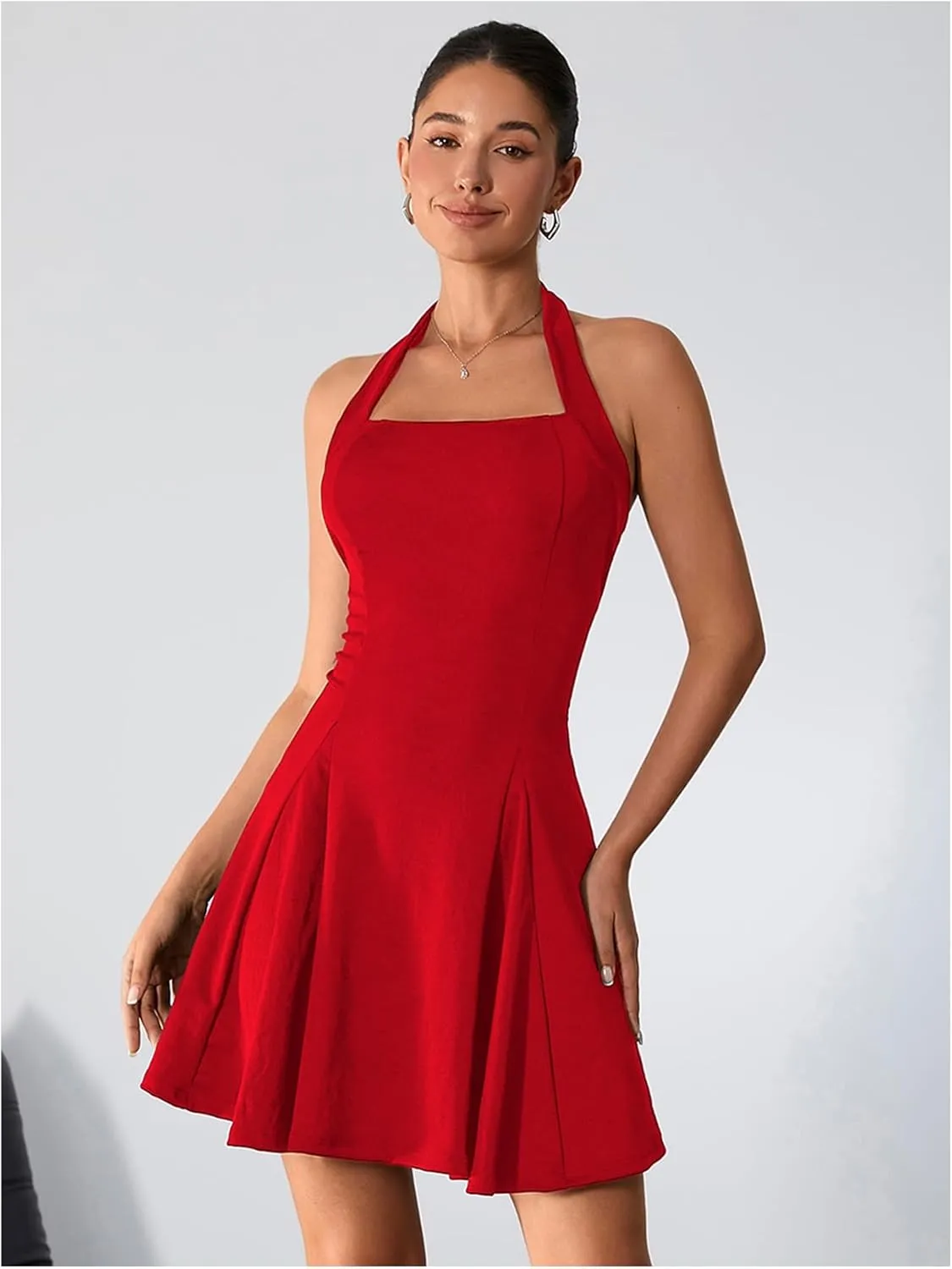 Milumia Women's Striped Halter Mini Dress A Line Flared Sleeveless Summer Dresses