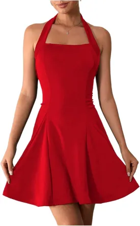 Milumia Women's Striped Halter Mini Dress A Line Flared Sleeveless Summer Dresses