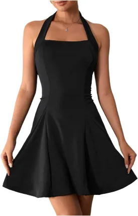 Milumia Women's Striped Halter Mini Dress A Line Flared Sleeveless Summer Dresses