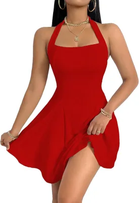 Milumia Women's Striped Halter Mini Dress A Line Flared Sleeveless Summer Dresses