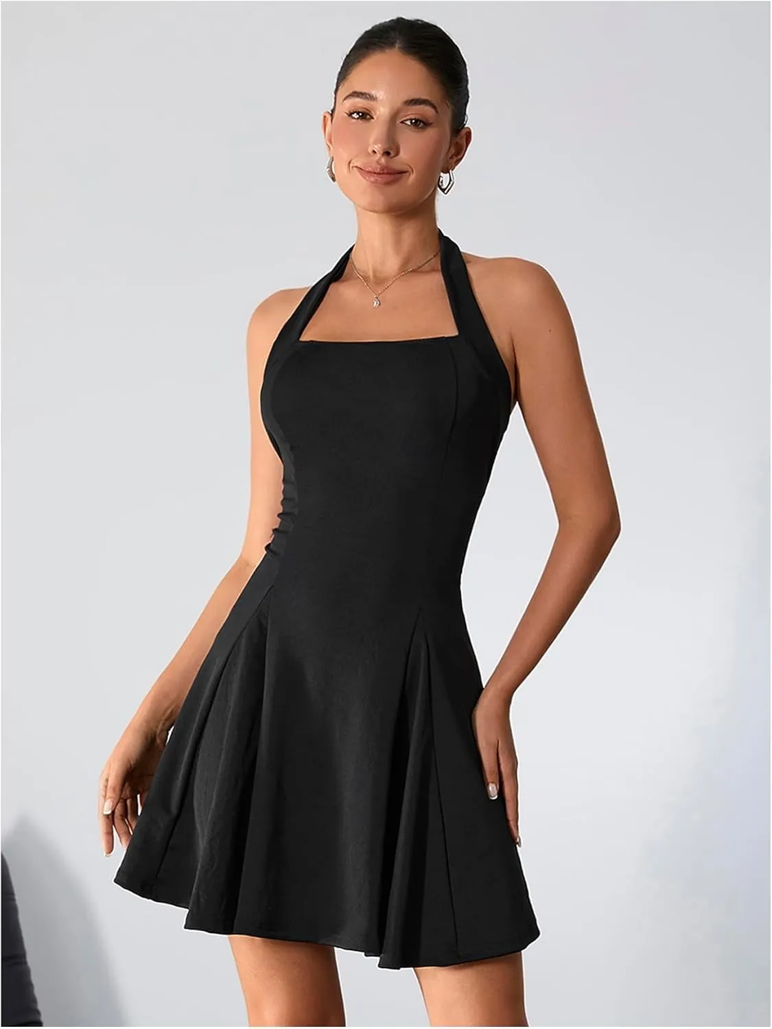 Milumia Women's Striped Halter Mini Dress A Line Flared Sleeveless Summer Dresses
