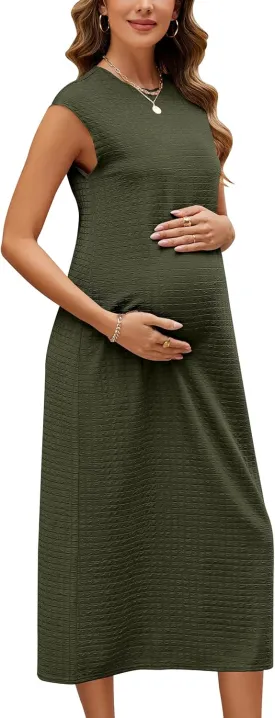 OUGES Womens 2025 Spring Cap Sleeve Maternity Dress Textured Midi Summer Pregnancy Business Casual Work Column Dress