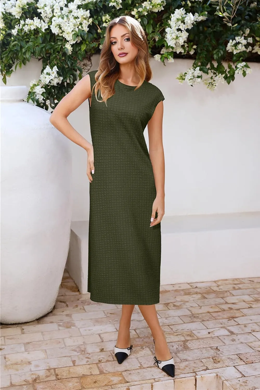 OUGES Womens 2025 Spring Cap Sleeve Maternity Dress Textured Midi Summer Pregnancy Business Casual Work Column Dress
