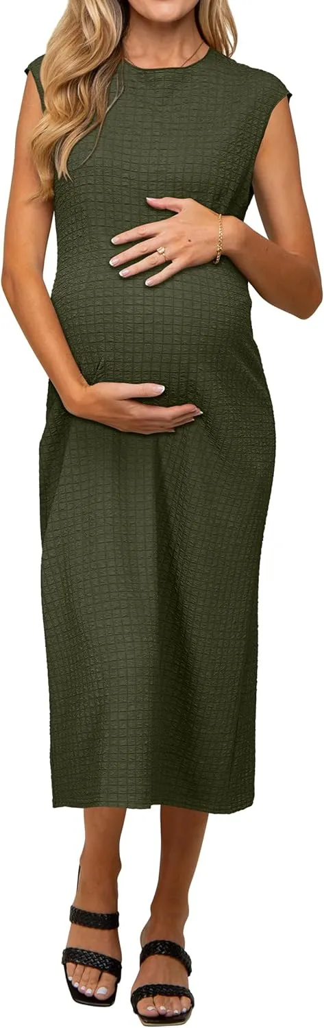 OUGES Womens 2025 Spring Cap Sleeve Maternity Dress Textured Midi Summer Pregnancy Business Casual Work Column Dress