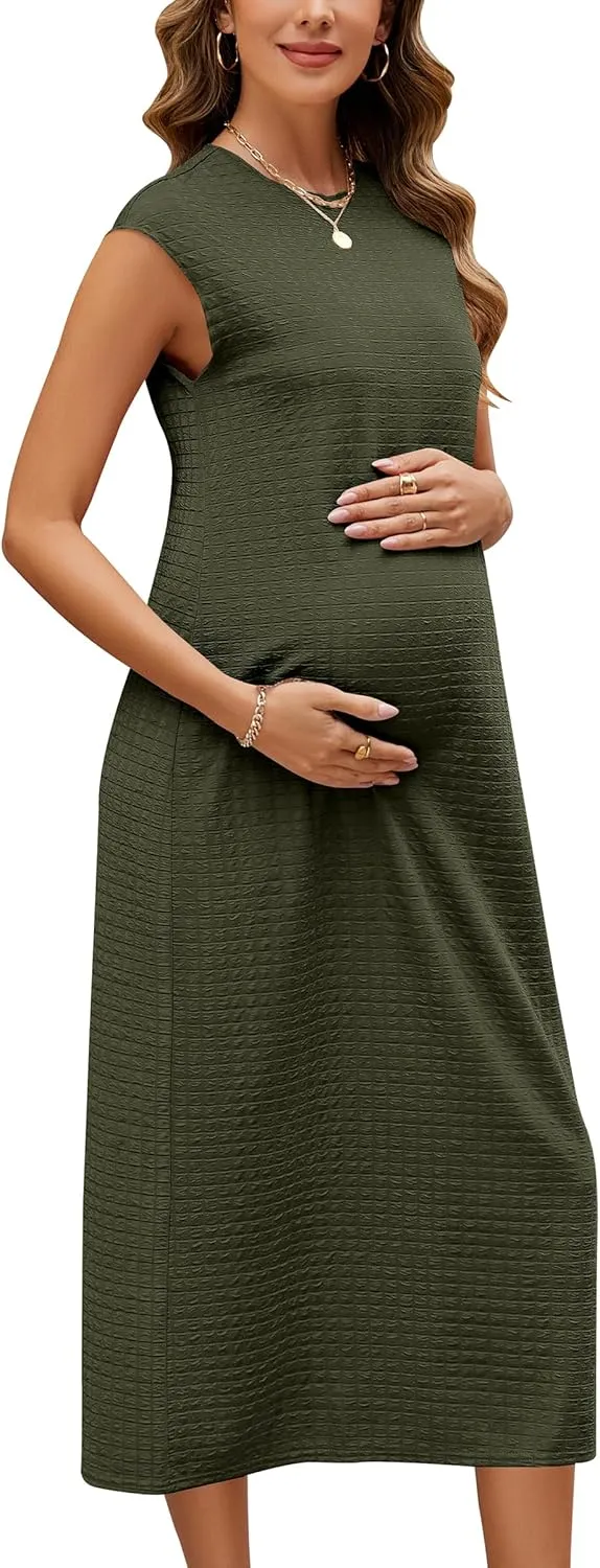 OUGES Womens 2025 Spring Cap Sleeve Maternity Dress Textured Midi Summer Pregnancy Business Casual Work Column Dress
