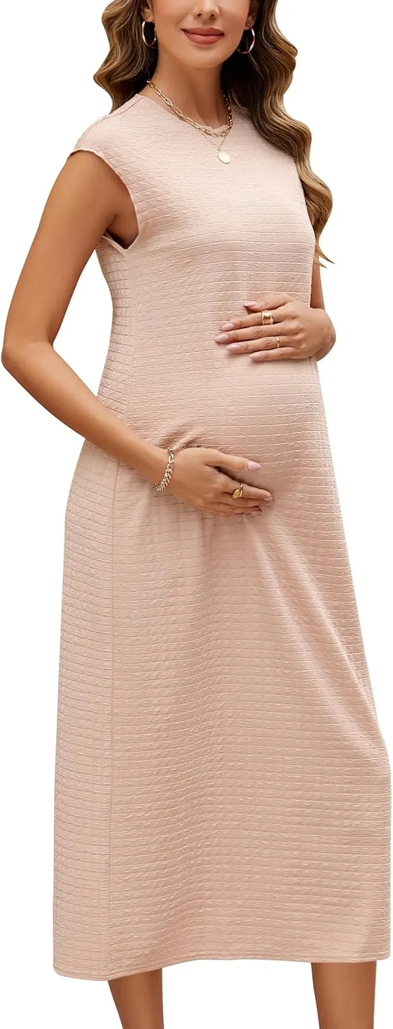 OUGES Womens 2025 Spring Cap Sleeve Maternity Dress Textured Midi Summer Pregnancy Business Casual Work Column Dress