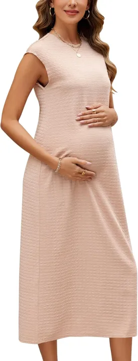 OUGES Womens 2025 Spring Cap Sleeve Maternity Dress Textured Midi Summer Pregnancy Business Casual Work Column Dress