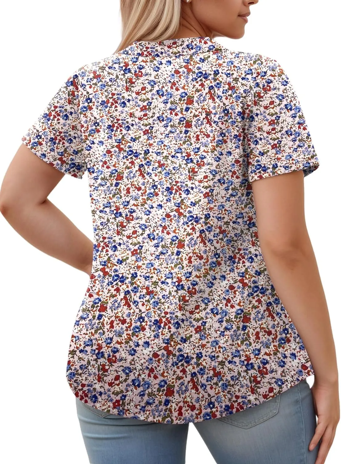 ROSRISS Plus-Size-Womens-Summer-Tops Casual Polo V Neck Work T Shirts Cute Flowy Pleated Blouses Trendy Short Sleeve Tunics