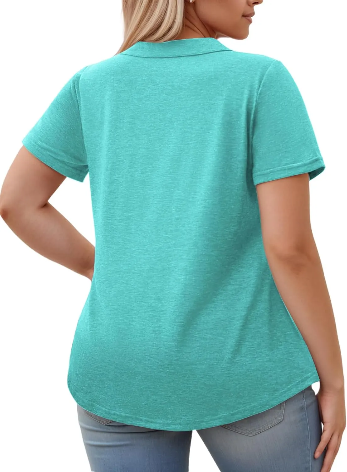 ROSRISS Plus-Size-Womens-Summer-Tops Casual Polo V Neck Work T Shirts Cute Flowy Pleated Blouses Trendy Short Sleeve Tunics