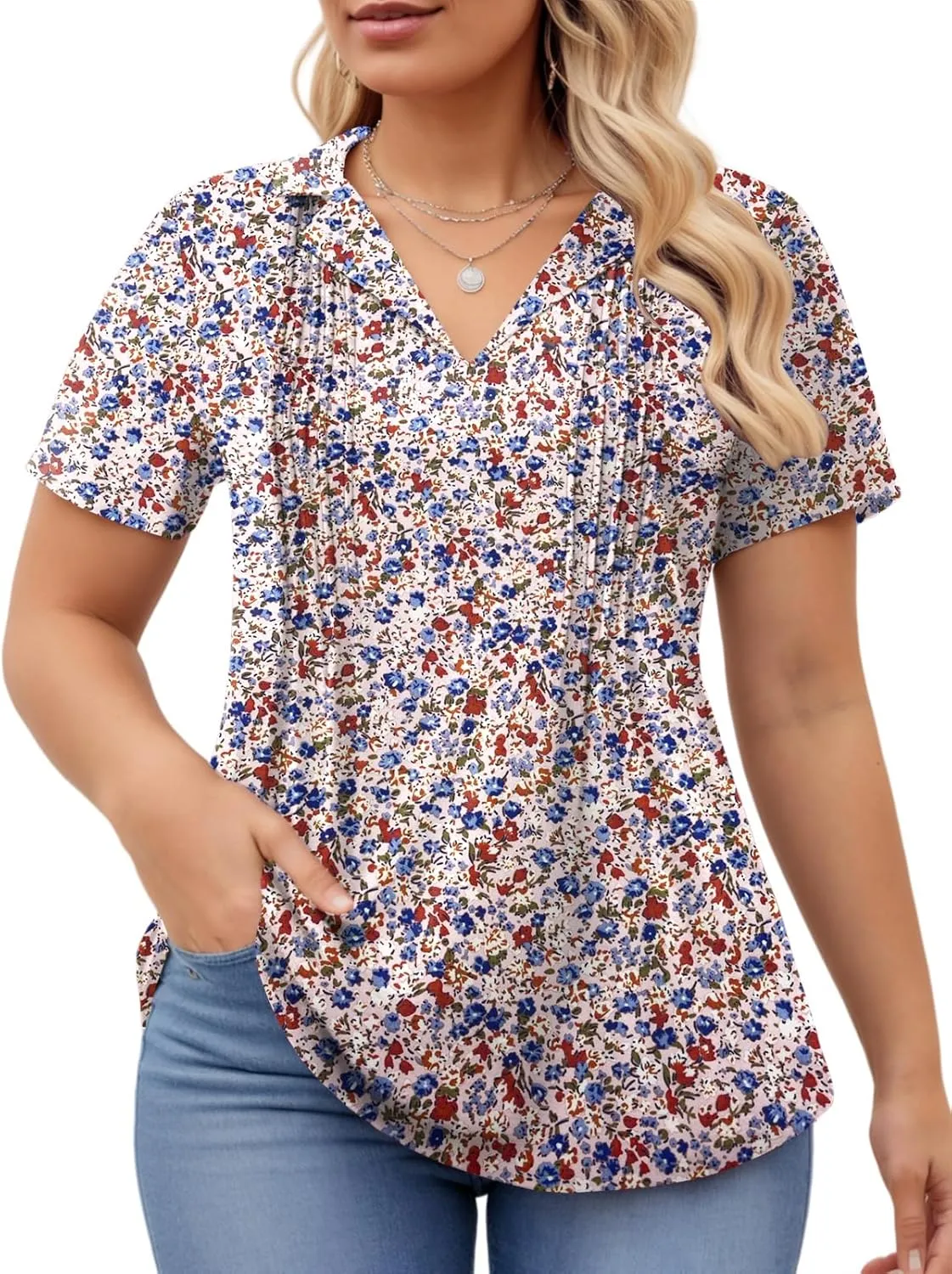 ROSRISS Plus-Size-Womens-Summer-Tops Casual Polo V Neck Work T Shirts Cute Flowy Pleated Blouses Trendy Short Sleeve Tunics