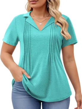 ROSRISS Plus-Size-Womens-Summer-Tops Casual Polo V Neck Work T Shirts Cute Flowy Pleated Blouses Trendy Short Sleeve Tunics