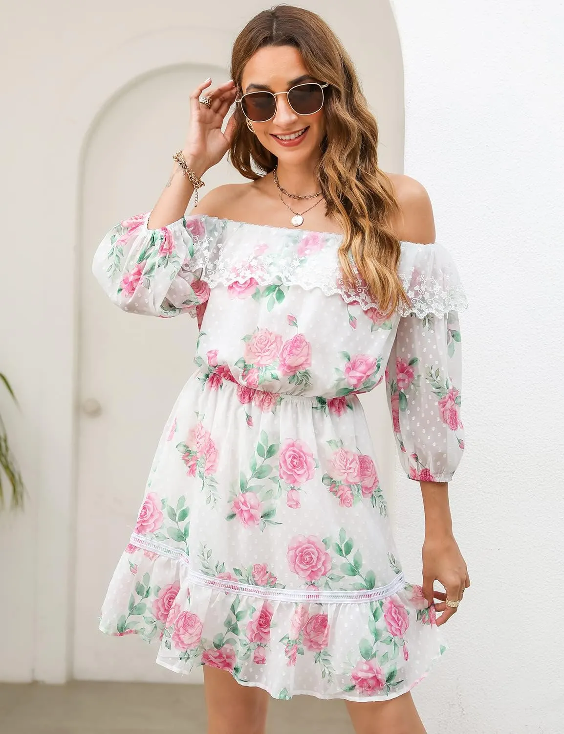ROYLAMP Women's Summer Dresses Off The Shoulder Puff Sleeve Tiered Ruffle Hem Flowy Swing Floral Chiffon Casual Mini Dress