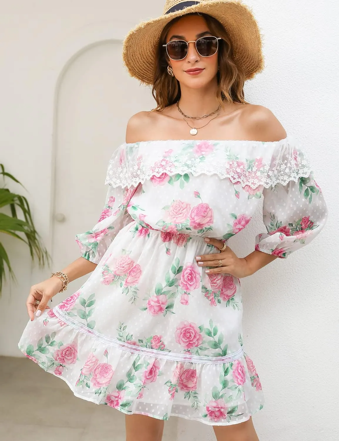 ROYLAMP Women's Summer Dresses Off The Shoulder Puff Sleeve Tiered Ruffle Hem Flowy Swing Floral Chiffon Casual Mini Dress