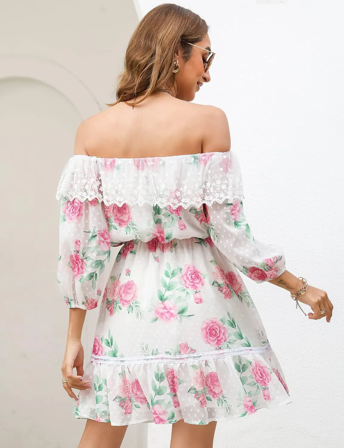 ROYLAMP Women's Summer Dresses Off The Shoulder Puff Sleeve Tiered Ruffle Hem Flowy Swing Floral Chiffon Casual Mini Dress