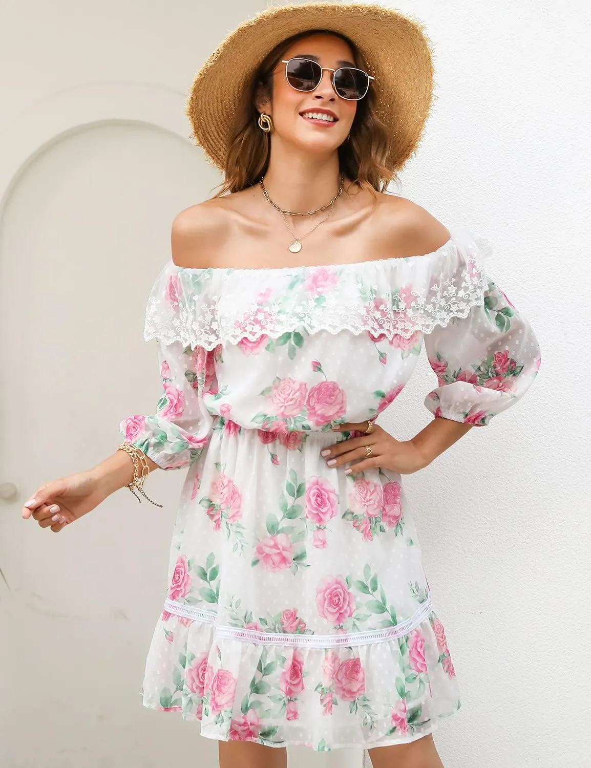 ROYLAMP Women's Summer Dresses Off The Shoulder Puff Sleeve Tiered Ruffle Hem Flowy Swing Floral Chiffon Casual Mini Dress