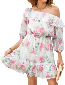 ROYLAMP Women's Summer Dresses Off The Shoulder Puff Sleeve Tiered Ruffle Hem Flowy Swing Floral Chiffon Casual Mini Dress