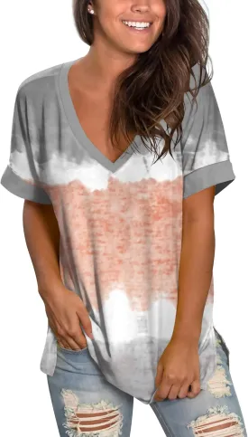SAMPEEL Women's V Neck T Shirts Casual Rolled Short Sleeve Side Split Summer Tops Loose Fit