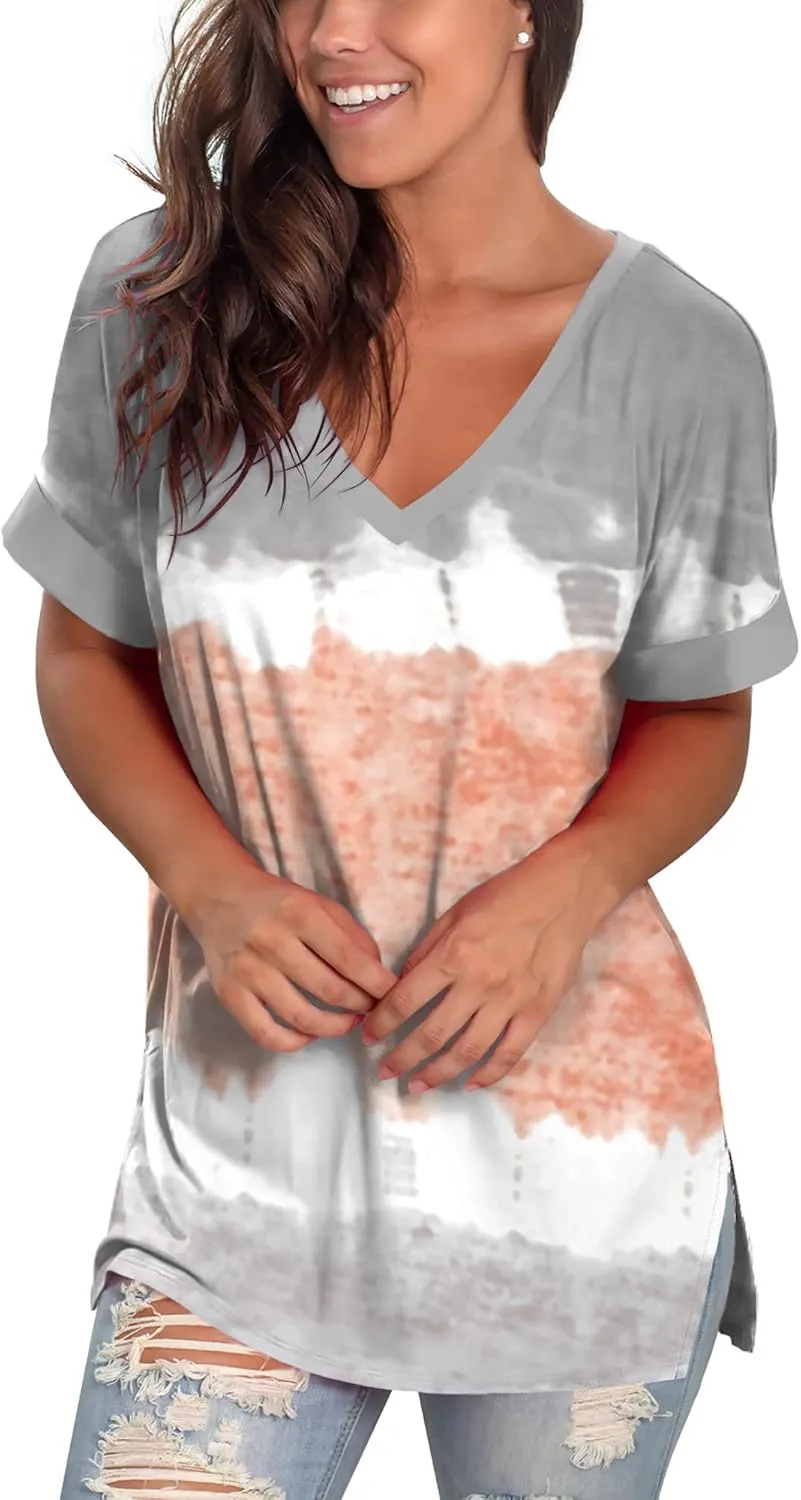 SAMPEEL Women's V Neck T Shirts Casual Rolled Short Sleeve Side Split Summer Tops Loose Fit