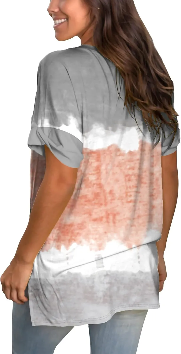 SAMPEEL Women's V Neck T Shirts Casual Rolled Short Sleeve Side Split Summer Tops Loose Fit