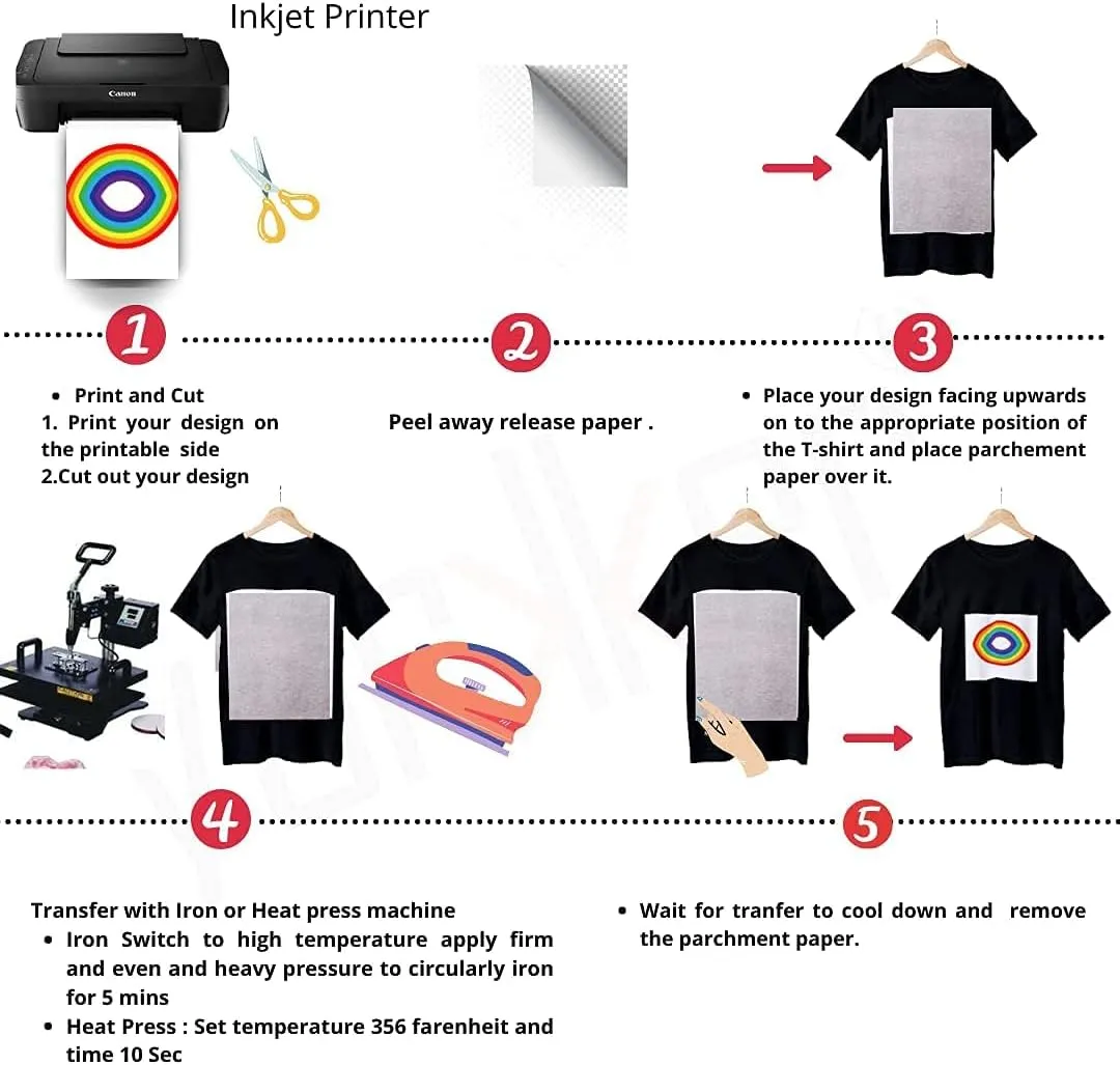 T-shirt Cotton Inkjet Transfer Photo Paper Sheets| DIY Print T-Shirts, Clothes Use Inkjet Ink and Heat Press with Iron (8.5x11" | 25 Sheet)