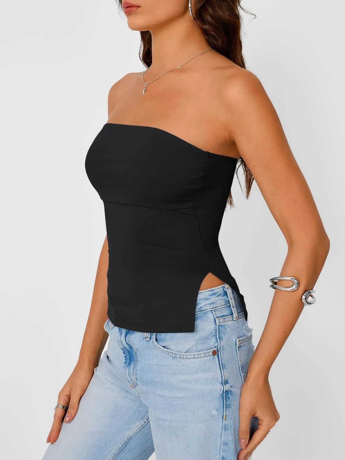 Trendy Queen Tube Tops for Women Side Split Going Out Strapless Crop Tops Sleeveless Bandeau Summer Y2k Cute Clothes