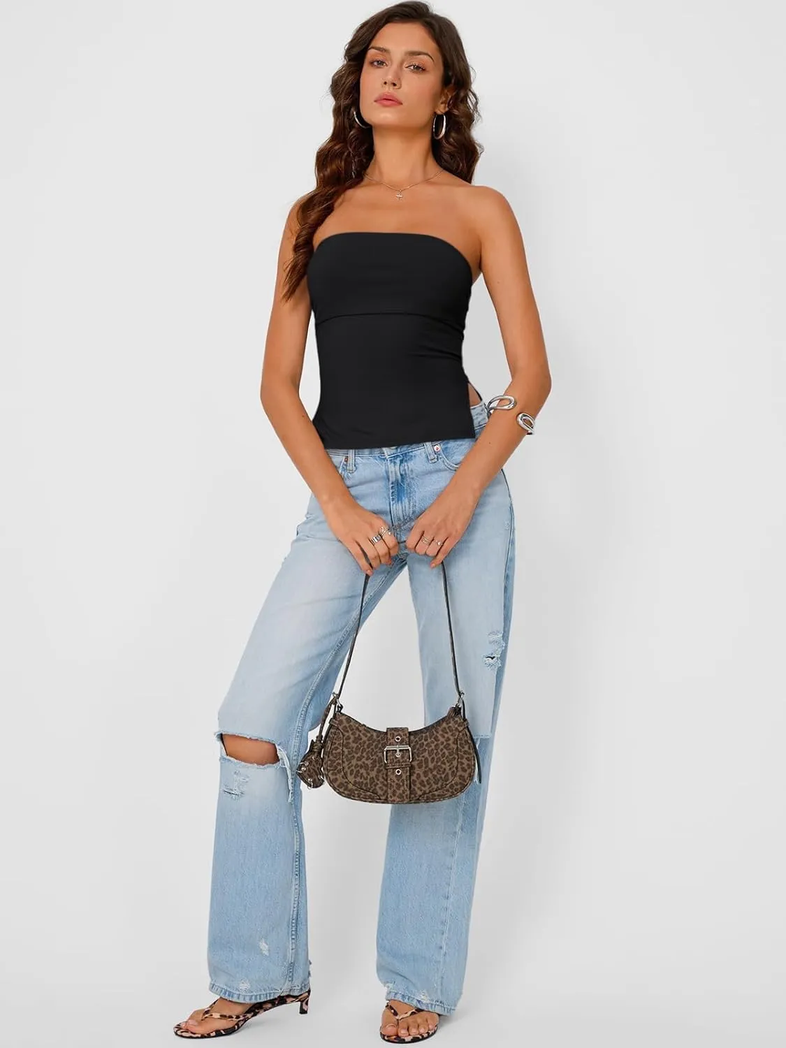 Trendy Queen Tube Tops for Women Side Split Going Out Strapless Crop Tops Sleeveless Bandeau Summer Y2k Cute Clothes