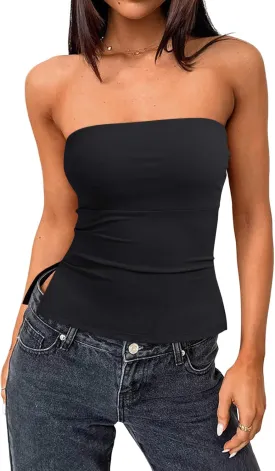Trendy Queen Tube Tops for Women Side Split Going Out Strapless Crop Tops Sleeveless Bandeau Summer Y2k Cute Clothes