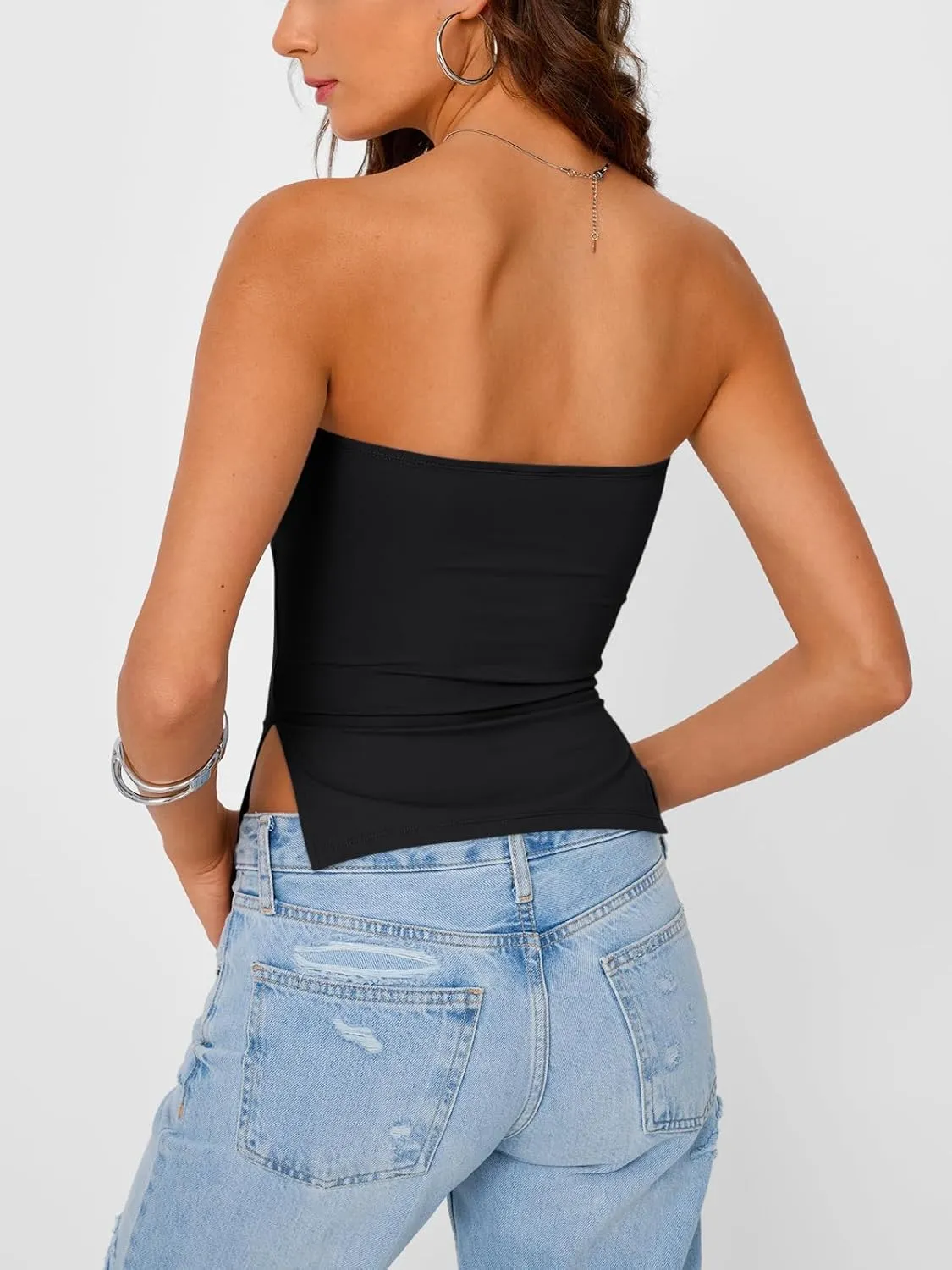 Trendy Queen Tube Tops for Women Side Split Going Out Strapless Crop Tops Sleeveless Bandeau Summer Y2k Cute Clothes