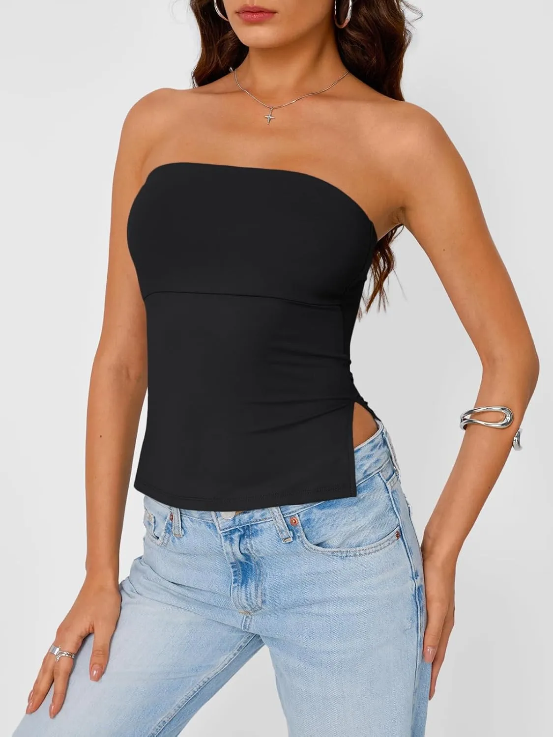Trendy Queen Tube Tops for Women Side Split Going Out Strapless Crop Tops Sleeveless Bandeau Summer Y2k Cute Clothes
