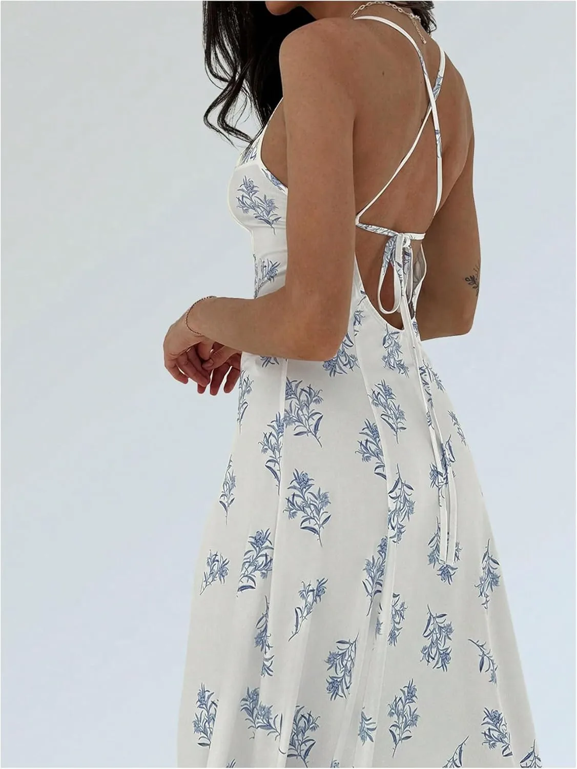 Verdusa Women's Floral Backless Flowy Maxi Dresses Criss Cross Asymmetrical Long Cami Dress